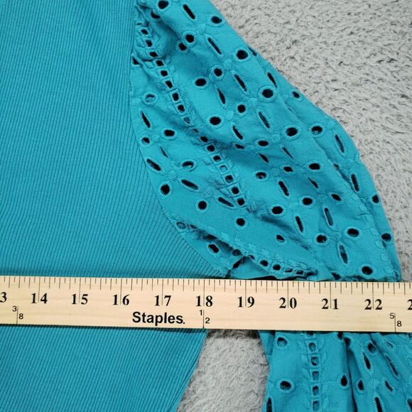 Chico's Pagoda Blue Ribbed Knit Eyelet Henley Top 1/2 Button Womens Size 1 - Picture 6 of 16